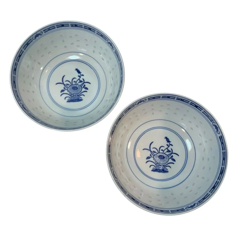 Chinese Rice Grain Bowls Blue & White 6” X 2.5” Set Of 2 Vintage Floral